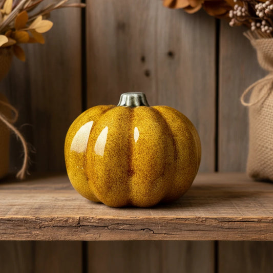 Ochre Spice" - Zucca Decorativa Artigianale in Ceramica, Giallo Ocra Puntinato