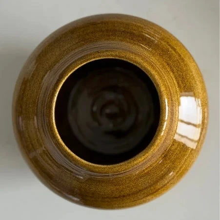 Vaso in Ceramica Artigianale Rotondo, Ocra Lucido - 15x15cm - Pezzo Unico