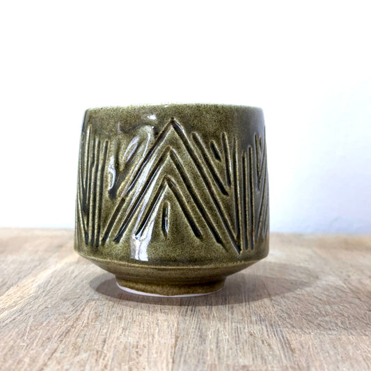 Tazza Ceramica Japan Green Incisa - Artigianale Tornio Senza Manico